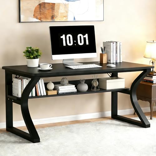 Image of 55 inch Computer Desk, Home Office Desk with Storage Shelf, Sturdy U-Shaped Metal Frame Study Table with Cable Management, Gaming Desk for Office & Bedroom