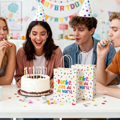 COMOOKA 10 Stück Geschenktüten mit Henkel Kindergeburtstag Papiertüten zum Befüllen Mitgebsel Tüten Geburtstagstüten Kinder Kindergeburtstag Danke Geschenktasche für Party Gastgeschenke Bunt