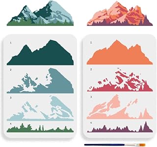 MAYJOYDIY 2pcs Layered Mountain Stencil 11.7×8.3inch Large Nature Mountain Forest Stencil Template with Paint Brush Reusable Tree Drawing Templates for Crafts Wall Art Furniture Wood Canvas