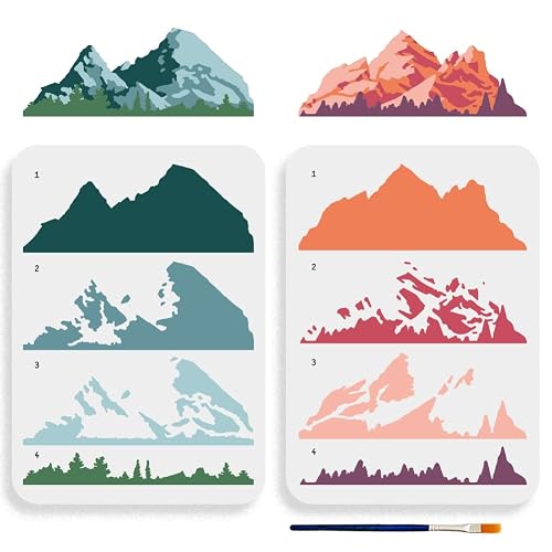 MAYJOYDIY 2pcs Layered Mountain Stencil 11.7×8.3inch Large Nature Mountain Forest