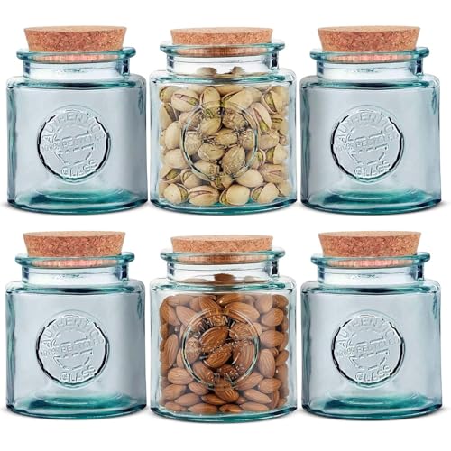 COURONNE CO. 6 Pack Glass Jar with Cork Lid, Vintage Style Recycled Glass Storage Container for Pantry, Kitchen & Countertop, Clear, 8.5 Oz (250ML)