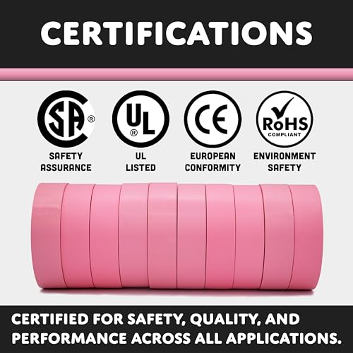 Image of TradeGear Pink 10 Pack - UL Listed Colored Electrical Tape, 60 ft x 3 /4 in, 600V, Flame Retardant, Waterproof, Rubber Adhesive - Phase Marking, Wire ID, Automotive