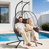 ONBRILL Double Egg Chair with Stand, Indoor Outdoor 2 Person Hammock Swing Chair with Cushions & Headrest, 650LBS Capacity Hanging Loveseat for Patio, Bedroom, Garden, Balcony (Black-Dark Gray)