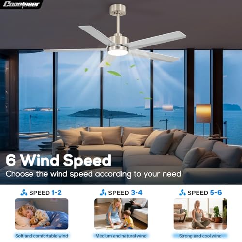 Image of Conciseer 52 Inch Ceiling Fans with Lights and Remote for Bedroom Living Room Kitchen Office, Indoor /Outdoor Use, 3CCT Dimmable, 5 Blades 6 Speed Reversible Quiet DC Motor, Sand-nickel /Silver