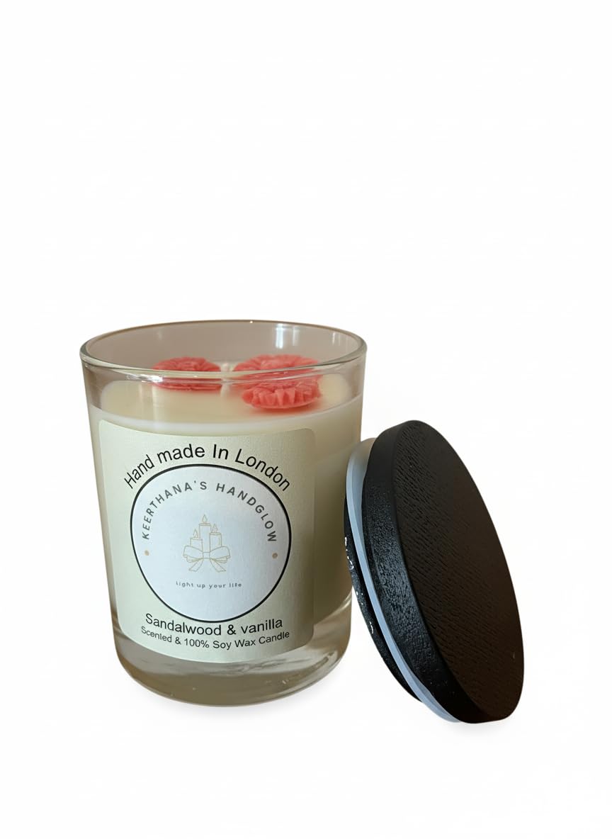 Keerthana's Handglow London Handmade Soy Wax Candle, Sandalwood & Vanilla Scent, Glass Jar with Wooden Lid