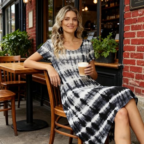 Image of Women Casual Loose Soft Crewneck Short Sleeve Pockets Swing T-Shirt Dress