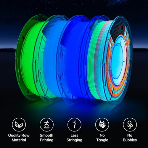 Image of AMOLEN Glow in The Dark 3D Printer Filament Bundle, Glow Filament Multicolor, 5 Meter Rainbow, Green, Blue and Blue-Purple, 1.75mm PLA Filament, Dimensional Accuracy + /- 0.02 mm, 200g X 4 Pack