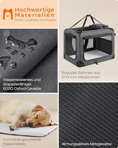 Feandrea Hundebox faltbar, Transportbox Hund, XXXL, Hundetasche, Oxford-Gewebe, Netzstoff, atmungsaktiv tragbar transportabel, Metallrahmen, mit Griffen, Taschen, 102 x 69 x 69 cm, grau PDC10G01