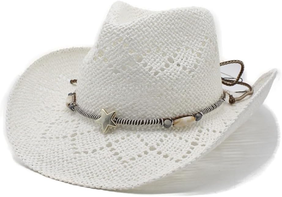 Woven Straw Cowboy Hat, Beige, Hollow Breathable Design, Star Bead Band, Western Style Sun Hat