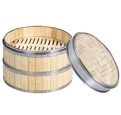 Luminexia Cestello per Cottura a Vapore in bambù,2 Livelli/3 Livelli Vaporiera Bamboo con Strisce in Acciaio Inox,Pentole per Cottura a Vapore per Verdure Carne Pesce Riso Panini Dim Sum,9 Taglie