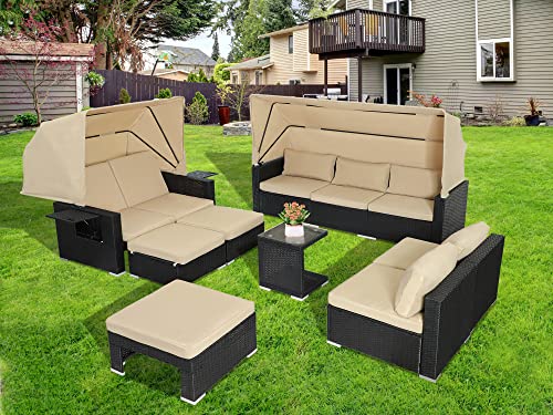 Magic Union 9 Pieces Patio Furniture Set With Retractable Canopy,Wicker Outdoor Sectional Sofa Set Daybed & Loveseat,Patio Conversation Sets Rectangle Sunbed With Adjustable Backrest For Backyard Pool #TOP6