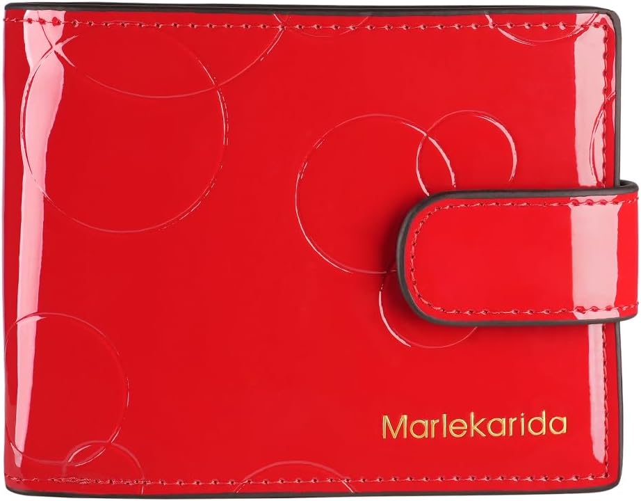 Fashion genuine leather women's wallet, glossy patent leather, large capacity, multiple card slots, short folding style, snap closure, RFID shielding protection credit card clip (Red)