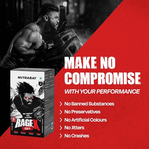Image of Nutrabay RageX Pre Workout Supplement Powder - 180g (15 Sachets), Cola | 200mg Caffeine, 4g Beta-Alanine, 6g L-Citrulline, 600mg L-Arginine, & Black Pepper | Muscle Pump & Performance