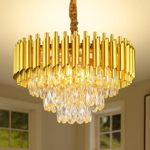 Image of Murphy Radiance 800mm Golden Crystal Pendant Light | Modern Round Ceiling Chandelier for Living Room, Bedroom & Hall (Antique Gold, 3-in-1 LED Plate - Warm White, Natural White, Cool White, Pack of 1)