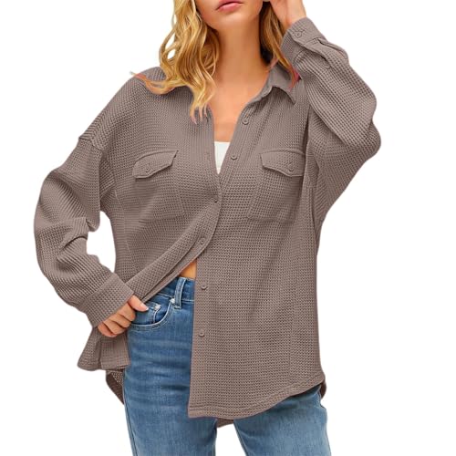 Ladies Pocket Shirt Solid Color Casual Loose Long Sleeve Knit Top Woman's Summer Tops (Khaki, XXL)