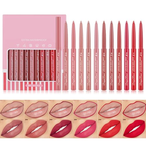 12 Farben Matte Nudetöne lipliner set, Wasserfester Lippenkonturenstift, Plump Lippenform, Nicht verblassender, Langlebiger Lipliner Stift für Frauen