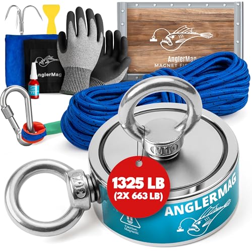 AnglerMag Magnet Fishing Kit, 1325 lbs Double Sided Magnetic Fishing Kit with Rope, Carabiner, Gloves, Grappling Hook & Carrying Bag, 10 Piece Complete Set