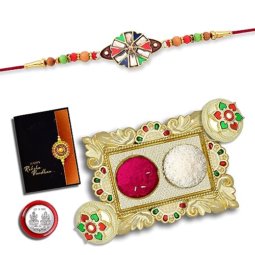 Image of Periapt Rakhi Combo (K1 416 AA1) with Pooja Coin, Gold Color Pooja Thali / Tilak Set & Greeting Card rakhi thali set, Rakhi with plate, Rakhi for kids, rakhi for brother and bhabhi, rakhi silver, rakhi for baby brother, rakhi for brother kids, rakhi set of 1