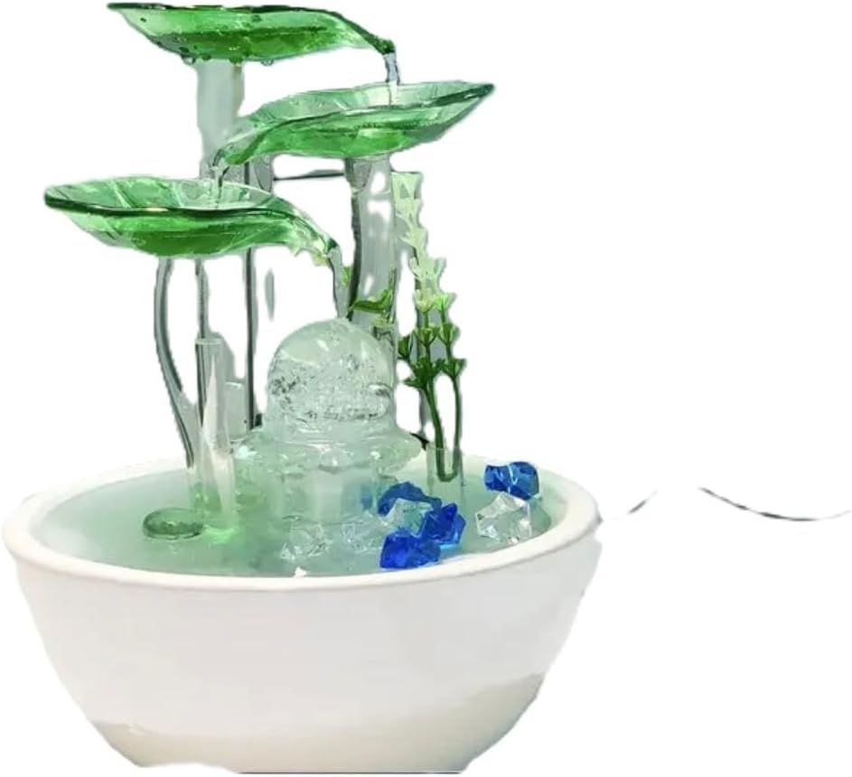 Tabletop Water Fountain with Glass Lily Pads, LED Light, White Ceramic Bowl