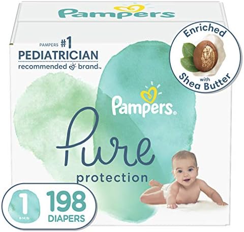 Diapers Size 1, 198 Count - Pampers Pure Protection Disposable Baby Diapers, Hypoallergenic and Unscented Protection (Packaging & Prints May Vary)