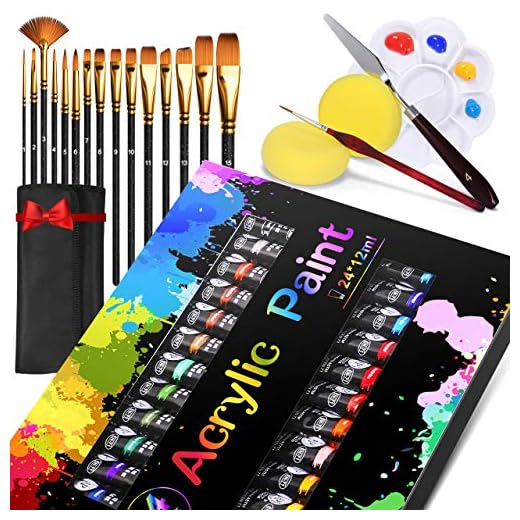 Pintura Acrílica, Gifort 24 x 12 ml Kit de Pintura Acrílica con 15 pinceles para Lienzo, Papel, Madera y Tela, Colores Alta Cobertura y de Secado Rápido, para Principiantes y Profesionales