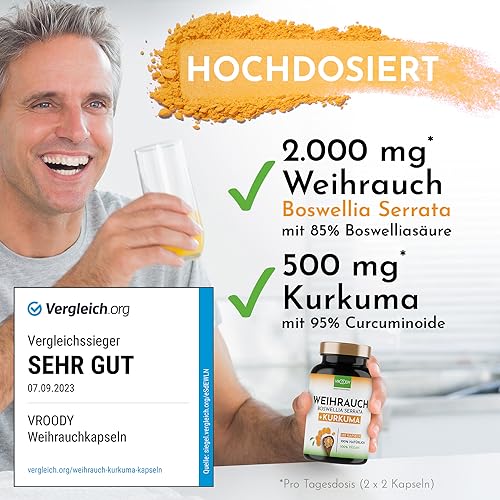 Weihrauch Kurkuma Vergleichssieger, 180 Kapseln hochdosiert Boswellia Serrata 2000mg, 85% Boswelliasäure, 500mg CURCUMA, 95% Curcuminoide Tagesdosis, ohne Zusätze oder chemische Entzündungshemmer