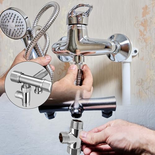 CONJURAIDE T Stück 1/2 Zoll, Messing T Stück Wasseranschluss Verteiler mit 6 Unterlegscheiben 3-Wege-T-Form-Adapter Duschschlauch Adapter für Trinkwasser Wasserhahn(Ø 20mm)