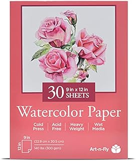Art-N-Fly Watercolour Paper Pad 9x12" 30 Sheets - Cold Press Water Colour Sketchbook Pad 140 lb for Art Painting, Drawing, Wet & Mixed Media - Water Colouring Paint Paper for Artist & Kids