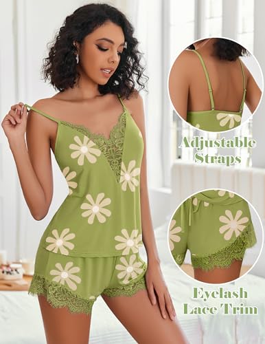 Image of Avidlove Women Pajama Set Lace Trim Short PJ Set Modal V Neck Sleeveless Sleepwear Drawstring Waist Nightwear S-XXL