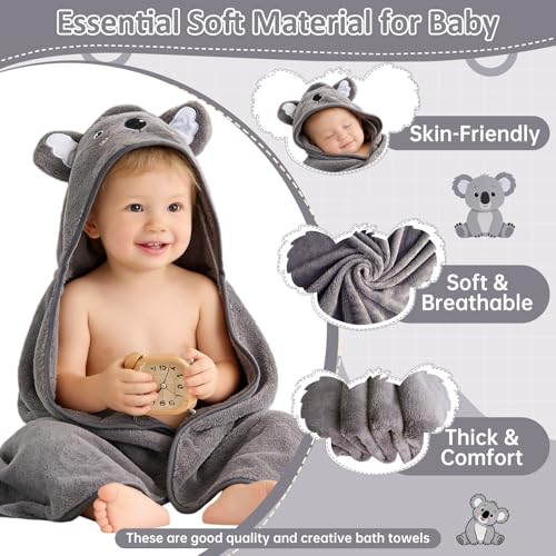 Meakol Hooded Baby Towel, Ultra Soft & Absorbent Fleece Baby Bath Towel with Hood, Cozy and Gentle for Newborns, Infants & Toddlers, Perfect for Boys & Girls (Gray Koala) — view 3