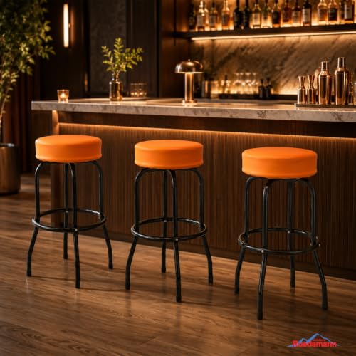 Image of Ruedamann 29 inch H Swivel Bar Stool, Orange Leatherette Padded Seat