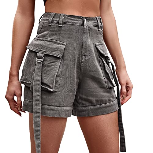 Short cargo à poches femme pantalon cargo denim américain gris en taille XL