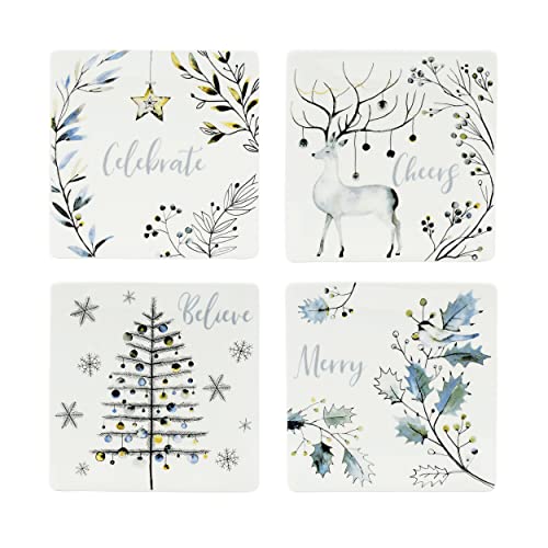 Fitz and Floyd Noel Noir Set of 4 Holiday Square Appetizer Plates, 5.5 inches,White