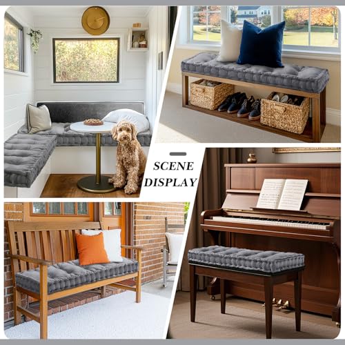 Threehoney Bench Cushions for Indoor Furniture 42x16 in Velvet Kitchen Dining Piano Window Seat Cushion, Tufted Patio Porch Swing Thicken Bench Pad Memory Foam(Gray)
