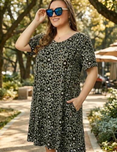 Image of OVERWORETY Womens Short Sleeve Plus Size T-Shirt Dress V Neck Casual Loose Swing A-Line Summer Tunic Dresses with Pockets