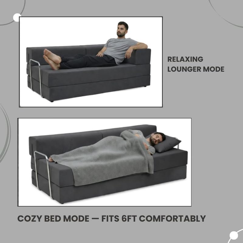 Image of Adorn India Easy Premium Modular 4 Seater Sofa Cum Bed | Velvet Suede Fabric | Colour Dark Grey | Modern Design | Size 6x6 Fit | Comfortable for Seat & Sleep | Washable Cover | Perfect for Home