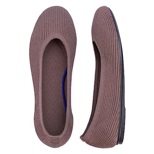 Frank Mully Women's Ballet Flats Round Toe Walking Flats Slip On Work Shoes Knitted Flats Shoes For Woman Soft Lightweight Dark Tan,10 #TOP1