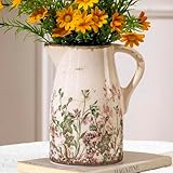 Vintage Pink & Green Floral Ceramic Pitcher Vase with Handle, Farmhouse French Country Vase, Rustic Table Centerpiece, Grandmillennial Tuscan Decor
