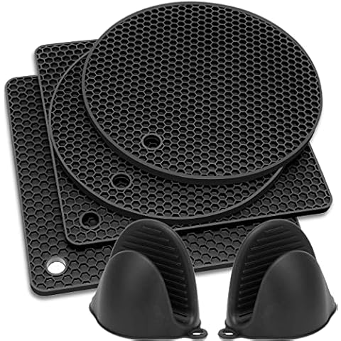 HAUSPROFI Silicone Trivet, 6pcs Extra Thick Silicone Table Mat with Pot Holder, 18.5cm Heat Resistant Non-Slip Hot Pot Pads Oven Mitt for Kitchen Cooking Dining Microwave, Square and Round, Black Cover