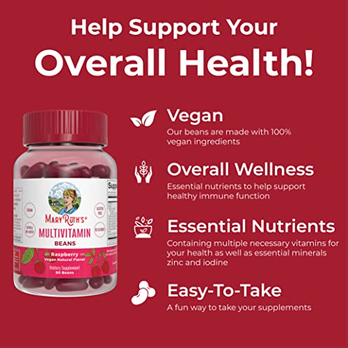 Maryruth's Multivitamin Multimineral Vita-Beans For Women & Men | Vegan Chewable Vitamins For Ages 14+ | Immune Support, Bone Health | Raspberry Flavor | 90 Count #TOP5