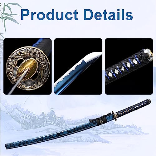 Full Handmade Sharp Sword,1060 High Carbon Steel,Katana, Japanese Fully Tang Handforged Samurai (Blue/Black) #TOP2