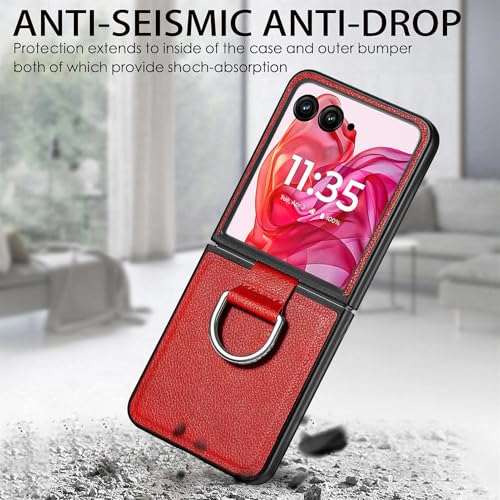 COQUE Phone Case Motorola Razr 50 Ultra Cover,Slim Anti-fall Litchi Pattern Ring Phone Shell,Leather Folding Phone Cover for Motorola Razr 50 Ultra-Red - Image 4