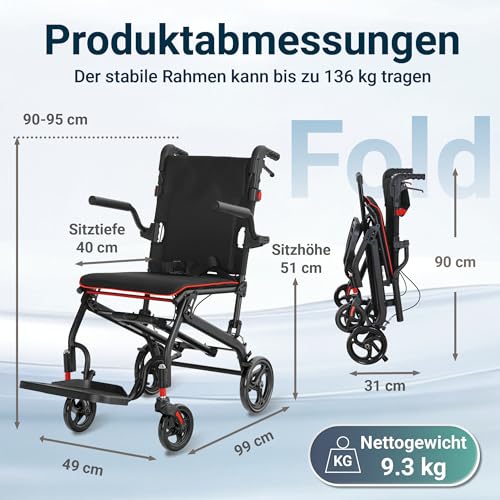 AEVITAL Rollstuhl Faltbar Leicht Transportrollstuhl Aluminium Klappbar Rollstühle Schmaler Rollstuhl Ergonomisches Design, kompakt für Reisen und Wohnung, Belastbarkeit 136 kg (Schwarz)
