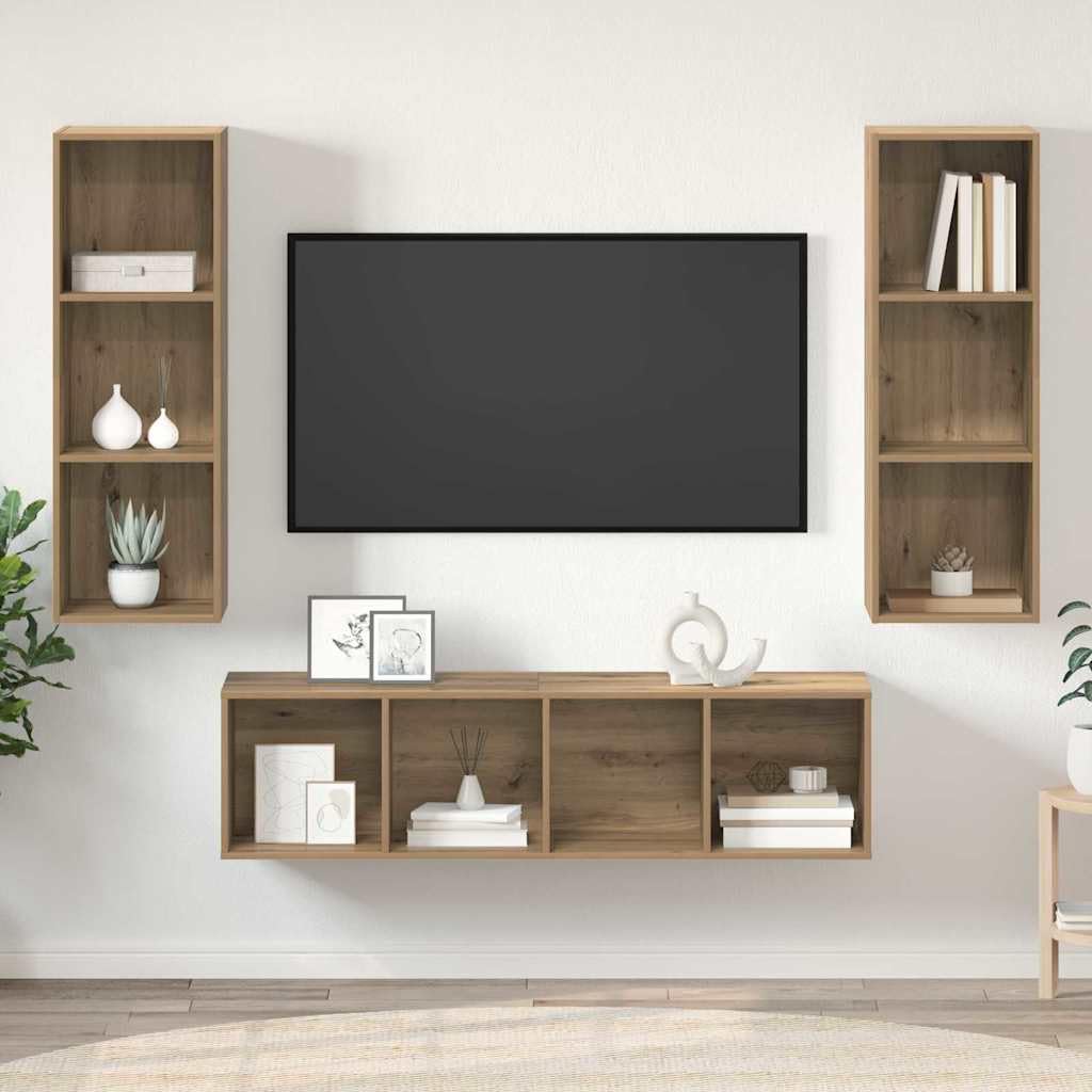 TV-Schrankset Wandmontiert 3-teilig, Artisan-Eiche Holzwerkstoff, Modernes Media Center, Platzsparendes Entertainment-Möbel für Wohnzimmer, Schlafzimmer