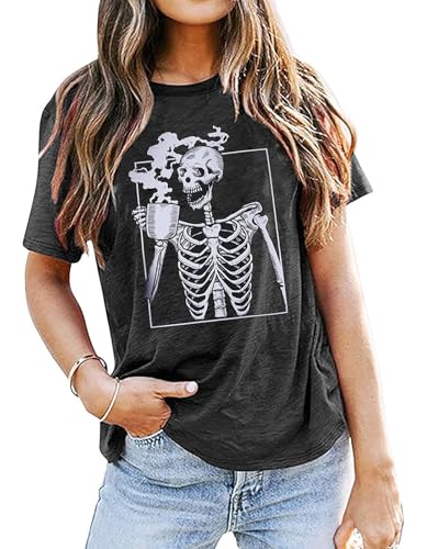 Hot Coffee Skeleton Shirt for Women Halloween Skeleton T-Shirt Fu...