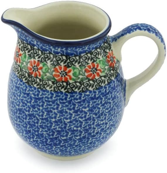 Polmedia Polish Pottery Pitcher - Red Zinnia Pattern Handmade in Boleslawiec Poland by Ceramika Artystyczna + Certificate of Authenticity