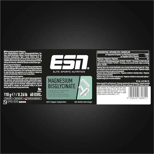 ESN Magnesium Caps, 120 Kapseln, 194 mg Magnesium pro Tagesportion - Magnesiumbisglycinat-Kapseln, Hohe Bioverfügbarkeit - Made in Germany