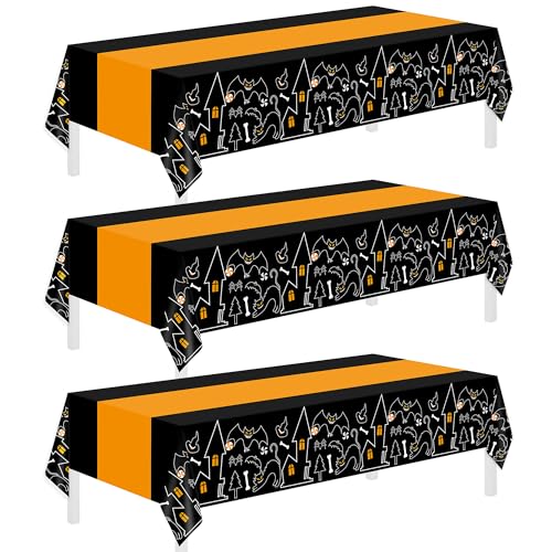 Childom 3 Pack Halloween Tablecloths,Disposable Plastic Tablecloths 54' x 108' Halloween Decorations,Plastic Table Cover for Birthday,Party Supplies,Holiday Table Cloth for Home,Dinner,Indoor,Outside