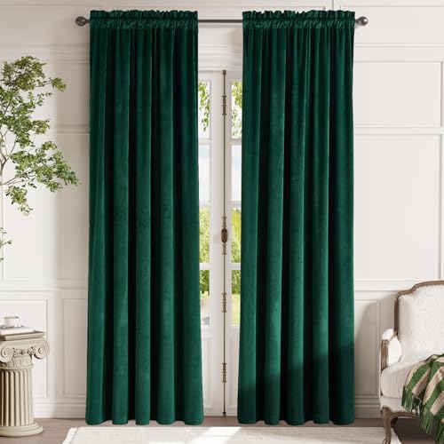 Image of Lazzzy Green Velvet Blackout Curtain Thermal Insulated Curtain for Bedroom Living Room Darkening Privacy Drapes Noise Reducing Velvet Curtain Rod Pocket 90 Inch Long Curtain 1 Panel Emerald Green