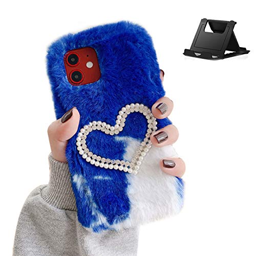 Shinyzone Plush Case Compatible with Moto G Stylus 2021 Fluffy Furry Case Cover,Faux Rabbit Bunny Fur Warm Winter Soft Silicone with Diamond Pearls 3D Handmade Phone Case,Blue